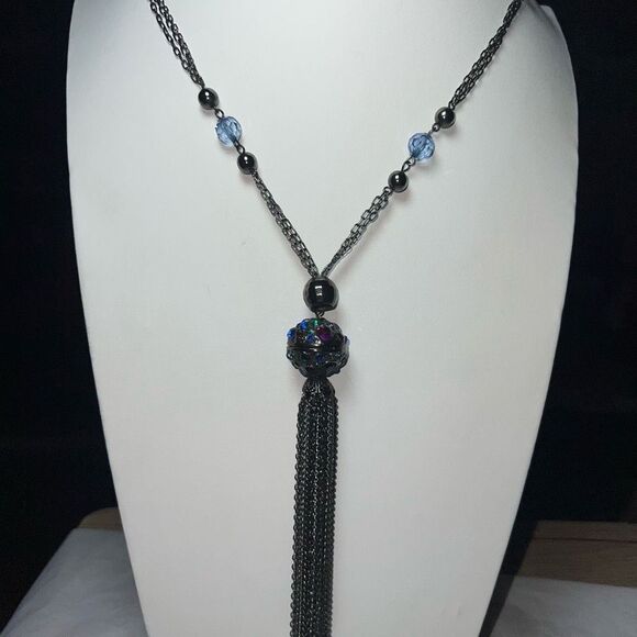 Gunmetal and Crystal Long Fringe Statement Necklace - Picture 1 of 11